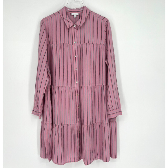J Jill Dress womens L Pink Striped Linen Long Sleeve Tiered Preppy Boho - Picture 1 of 7